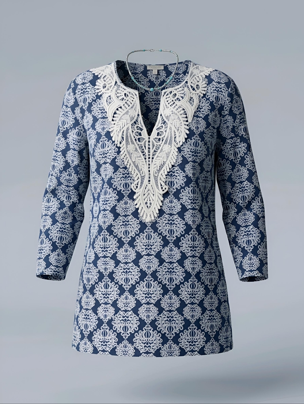 NWOT Talbots Women's Embroidered Popover Tunic Top in Navy Blue and White Small